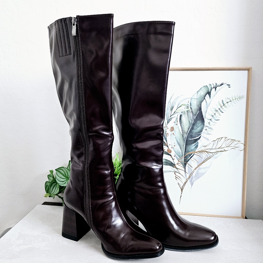 WetKiss Dark Brown Leather Chucky Heeled Long Boots SZ Women 7